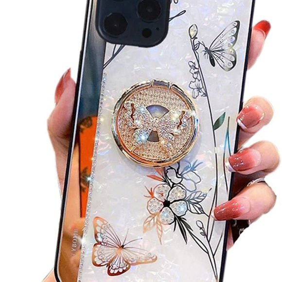 iPhone 12 Pro Max Cute Glitter Floral Butterfly Design w Ring Stand Diamond Case - Picture 5 of 6